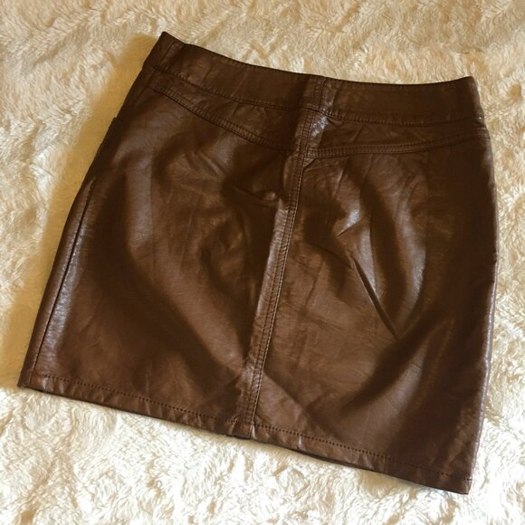 Cognac Vegan Leather Zip Up High Waist Mini Skirt - Picture 2 of 16